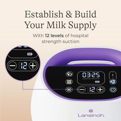 Lansinoh NaturalWave Double Electric Breast Pump | 3 Pumping Modes, 12 Levels Hospital Strength Suction, LED Display, Leak-Resistant, 5 Breast Flange Sizes Included