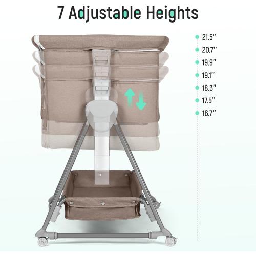 Cowiewie Bassinet Bedside Sleeper, Baby Bassinet with 7 Adjustable Height, Bedside Bassinet for Baby with Storage, Breathable Mesh & Mattress, Portable Bassinet Easy Folding (Baby Brown)
