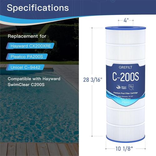 C200S Pool Filter Cartridge, 200 sq. ft | Replaces Hayward CS200E, CX200XRE, Pleatco PA200S, Ultral-D5, 28 3/16 x 10 1/8