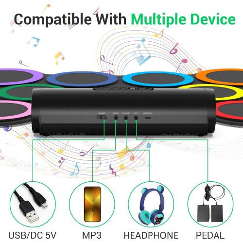 Electric Drum Set 9-Pad With Headphone, Bigger Roll-up Drum Pad USB MIDI Game, Built-in Speaker, Drum Sticks, Foot Pedals 10 Hours Playtime Holiday Xmas Birthday Gift for Kids