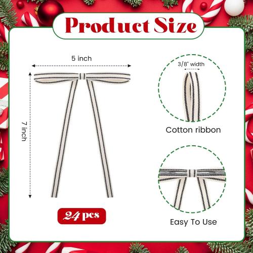 Riceshoot 24pcs Christmas Cotton Stripe Bows 5 x 7 Inch Vintage Rustic Pre-Tied Gift Bows with Wire Ties for Xmas Tree Wreath Fireplace Stairs Home Indoor Outdoor Decor(Black and White,Width of 3/8)