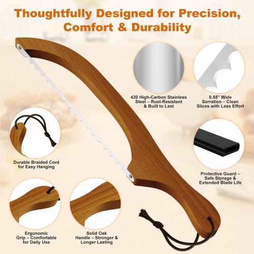 Bread Knife for Homemade Bread – 16 Walnut Bow Bread Cutter with Ultra-Sharp Serrated Stainless Steel Blade, Sourdough Bread Knife for Bagels, Baguettes, and Rustic Loaves - Walnut Color