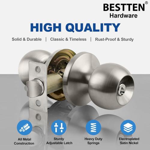 BESTTEN Keyed Entry Door Knob with Lock, Interior and Exterior Door Lock, Standard Ball, Satin Nickel
