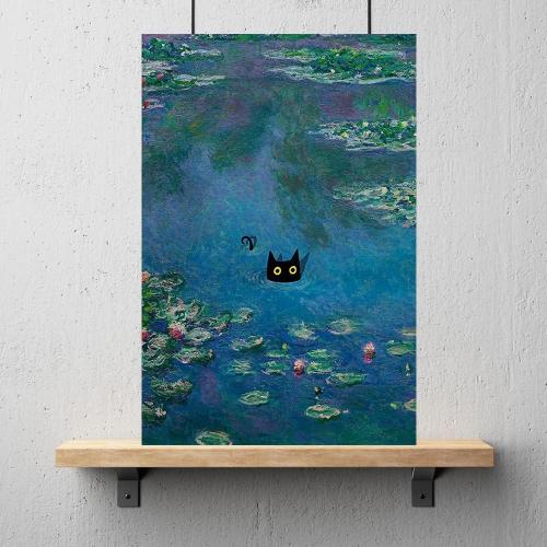 Vintage Monet Canvas Wall Art Famous Oil Paintings Monets Water Lillies Black Cat Poster Funny Cat Floral Print Abstract Farmhouse Gallery Aesthetic Room Decor for Bedroom Bathroom Unframed