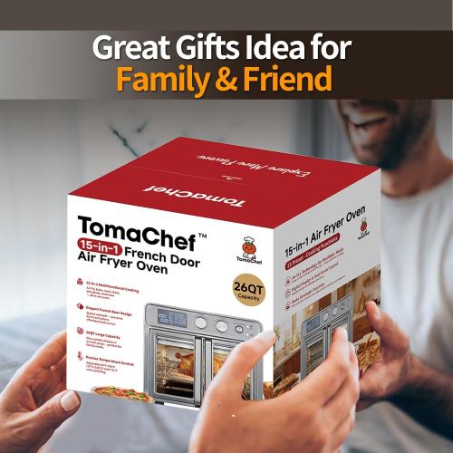 TomaChef 26QT French Door Air Fryer Oven Combo, 15-in-1 | 15 Cooking Functions and Digital Controls, 30 Recipes & 5 Accessories, Stainless Steel Finish