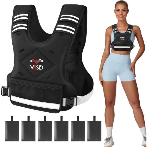 VBSD Adjustable Weighted Vest for Women Men 4-10lb/11-20lb/20-32lb Vest with 6 Ironsand Weights Body Weight Vest with Reflective Strip for Running Walking Strength Training Workouts