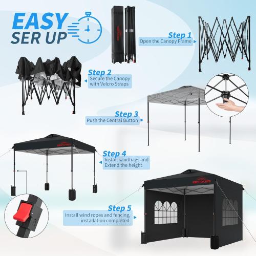 10x10 Pop Up Canopy with Sidewalls, Easy Up Canopy Tent, Heavy Duty Tents for Parties, One Person Set Up Event Tent, Black