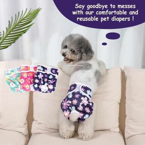 Pet Soft Washable Female Diapers (3 Pack) Female Dog Diapers, Comfort Reusable Doggy Diapers for Girl Dog in Period Heat (Bloom, M)