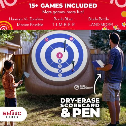 Swooc Games® - Bull Hawker™ | Giant Axe Darts (Over 6ft Tall) w/ 15  Games | Axe Throwing Game for Backyard w/Air Pump | Outdoor Games for Adults and Family | Carnival Games | Throwing Axe Yard Games