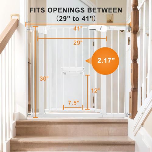 FURTIME 29-41 Baby Gate with Cat Door Adjustable, Auto Close Dog Gate for Stairs,Doorways and House, Metal Pet Door Pressure Mounted,Easy Install, Effortless Walk Thru, White