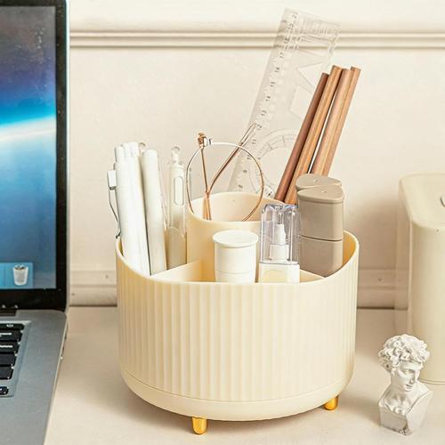 Desk Organizer, Plastic Pen Holder with 5, Dual-Purpose Pencil Cup for Office, School, Home, Cream
