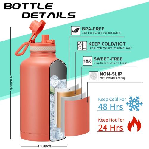 64oz Insulated Water-Bottle with Strap - Half Gallon Water Jug with Straw & Spout Lid, 2 Liter Stainless Steel Water Bottle Leak Proof, Cold-48h Hot-24h Metal Flask w/Paracord Handle, Carrier Case
