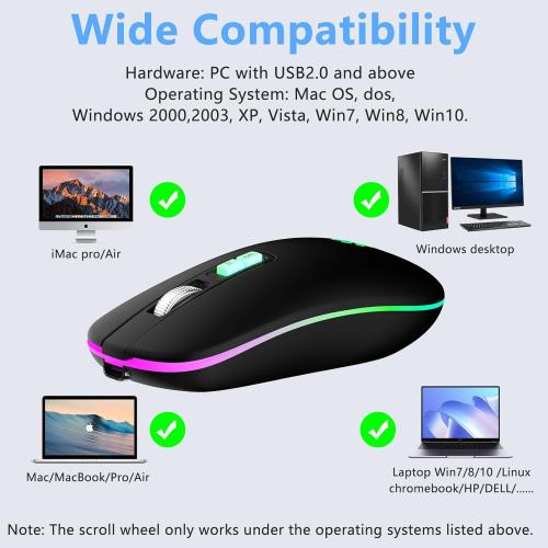 KARFUN Wireless Mouse, Backlit LED Portable Slim Computer Mouses for Laptop, PC, Computer, MacBook, iPad, Chromebook, Notebook, 2.4G Rechargeable Wireless Mouse (Black-Black Nose)