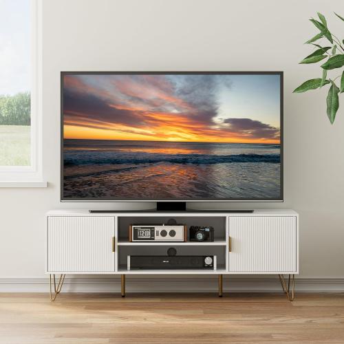 Apetaccat TV Stand for 55-65 Inch TV, Entertainment Center with Soft Hinge Door,TV Console Table with 2 Cabinets with Gold Handle and Feet,for Living Room, Bedroom, White