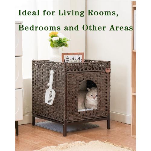 SETVSON Cat Litter Box Enclosure Hidden Litter Box Furniture with Metal Heightened Feet, Rattan Handwoven Cat House with Litter Mat, Hidden Litter Box Furniture for Bedroom Living Room Brown