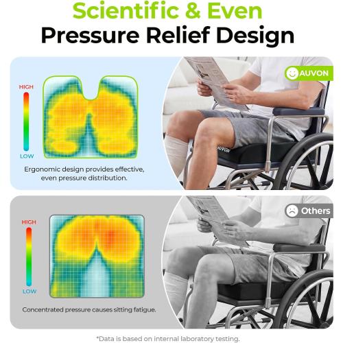 AUVON Wheelchair Seat Cushions (18x16x3) for Sciatica, Back, Coccyx, Pressure Sore and Ulcer Pain Relief, Memory Foam Pressure Relief Cushion with Removable Strap, Breathable & Waterproof Fabric