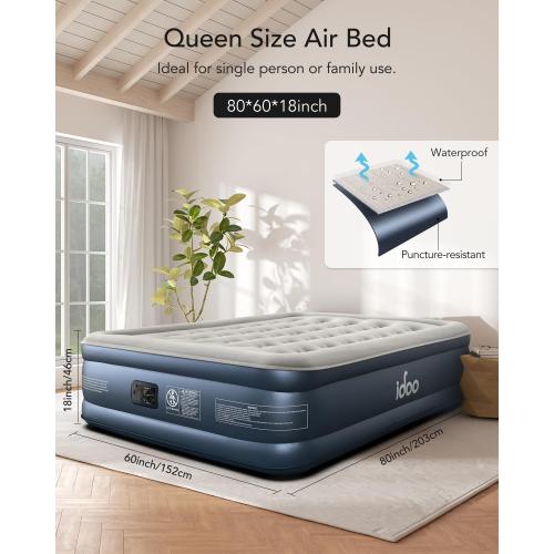 iDOO Queen Air Mattress with Built in Pump, 18 Raised Comfort Inflatable Blow up Mattress, Upgraded Four Chamber Portable Air Bed for Camping, Guests and Home, Colchon Inflable, 650 lbs Max