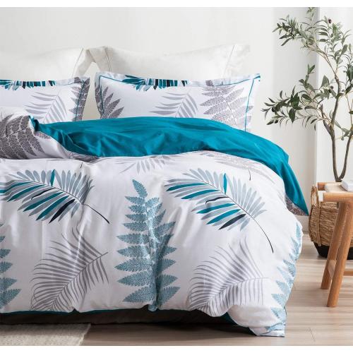 Comforter  Size, 600 Thread Count Cotton Blue Floral with Khaki & Grey Leaves Pattern White Reversible Comforter Set,Down Alternative Bedding Set 3Pcs