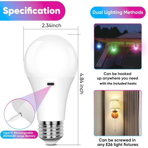 Rechargeable Battery Operated A19 Light Bulb with Remote Control 4 Packs, Dimmable Detachable LED Bulb with 15 Colors Selectable & 3 Timer, Wireless Puck Light Bulb for Wall Sconce, Non-Hardwired