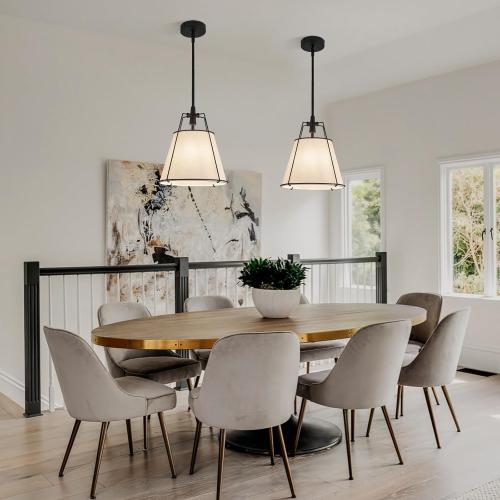 Modern Pendant Light Fixtures with 13 Off-White Linen Fabric Shade, Adjustable Hanging Light Fixture,Drum Black Vintage Chandelier for Kitchen Island Bedroom Dining Room Foyer Entryway