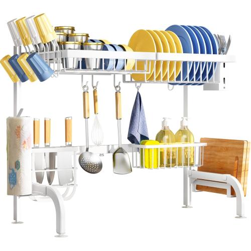 Over The Sink Dish Drying Rack, Adjustable (25.5 to 36.5 inch) 2 Tier Metal Steel Dish Drying Racks for Kitchen Counter with Hooks Paper Towel Utensil Cup Holder Sink Caddy (White)