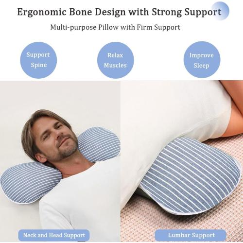 Buckwheat Neck Pillow for Sleeping, Firm Buckwheat Hulls Filling Bone Pillow, Comfortable Neck Support for Neck Pain Relief, Cervical Roll Pillow for Back Sleeping, Blue 19X7
