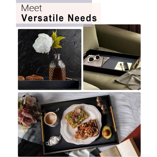 22 Inch Rectangle Black Ottoman Tray with Gold Metal Handles, Extra Large Wooden Serving Tray for Living Room, Coffee Table, Kitchen & Hosting