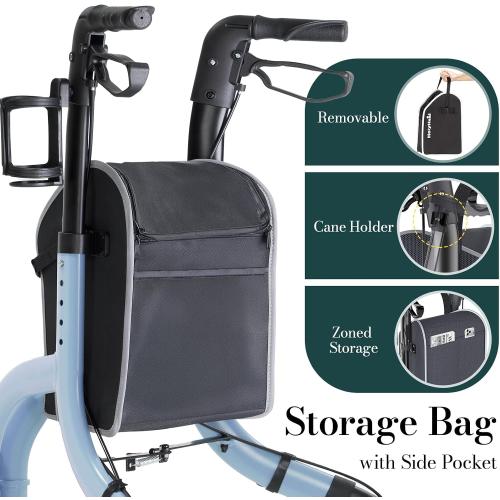 3 Wheel Walkers for Seniors, Lightweight Rollator Walkers Foldable for Elderly with Cane Hold and Cup Hold, Height Adjustable Aluminum Three Wheel Rolling Walker Mobility Aid, Blue