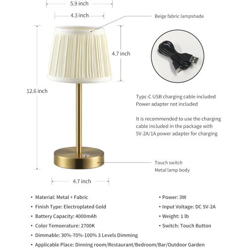 PUSU Cordless LED Gold Table Lamps, Rechargeable 4000mAh 3 Way Dimmable Bedside Small Lamp with Fabric Shade, Lighting for Bedroom, Kids Room, Bathroom, Kitchen, Decor, Gift, Night Light