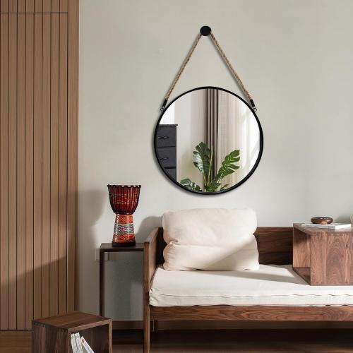 POZINO Round Hanging Mirror, 20 Rope Wall Mirrors Decorative, Black Metal Frame Circle Mirrors, Farmhouse Wall Mounted Mirrors for Bathroom, Bedroom, Living Room, Entryway, Home Decor