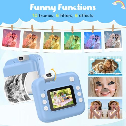 Kids Camera Instant Print - Digital Camera with Flip Lens, Birthday Gift for Boys Girls, Instant Print Photos for Toddlers HD Selfie 1080P Video, Portable Travel Toys for 4 5 6 7 8 9 10 Years Blue