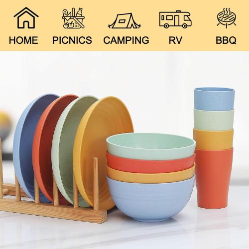 12pcs Kids Wheat Straw Dinnerware Sets, Wheat Straw Plates and Bowls Set for 4 Microwave Safe (Black)