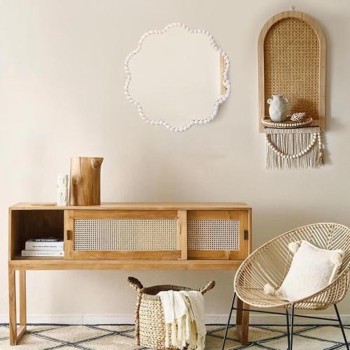 Small Boho Beaded Flower Mirror for Wall Decor, Cute Decorative Hanging Wooden Circle Nursery Mirrors for Girl Room, Bedroom, Livingroom