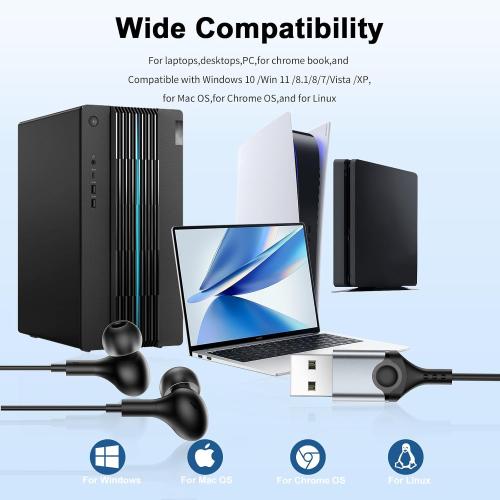 USB Earbuds with Microphone for PC Laptop,Wired USBA Headset,Black