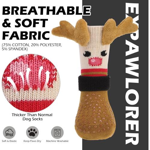 EXPAWLORER Christmas Anti Slip Dog Socks to Prevent Licking Paws, Boots & Paw Protectors with Grippers,Doggie Booties for Hardwood Floors for Large Senior Dogs Lifelike Costume Reindeer large