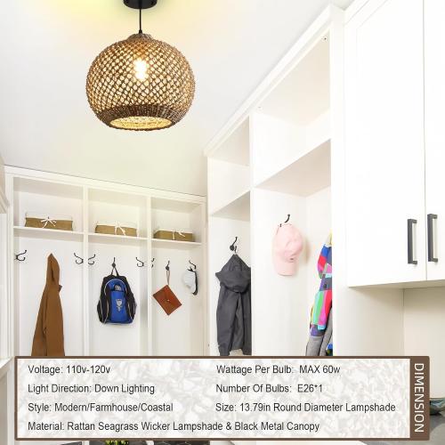 Rattan Pendant Light Fixture,13.79 Boho Rattan Kitchen Island Seagrass Lighting, Hand Woven Coastal Wicker Chandelier,for Farmhouse Dining Room Entryway Foyer 1-Light