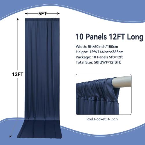 50ft×12ft Wrinkle Free Navy Blue Backdrop Curtain for Wedding Parties, 10 Panels 5×12ft Long Soft Silky Polyester Backdrop Drapes Photo Back Drop Cloth for Graduation Photography Background