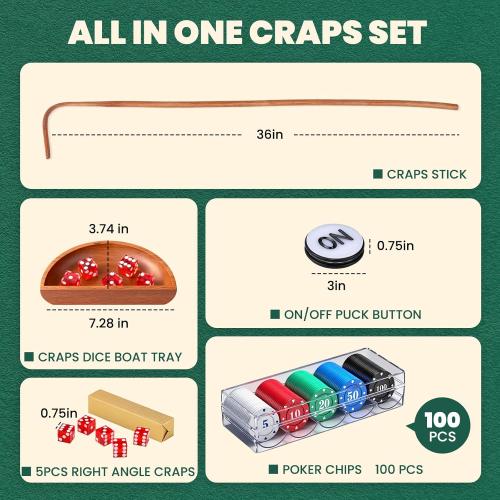 NEWTRY Craps Game Set: 35”×70” Craps Tabletop Layout, 48x11”Rubber Diamond Pyramid Bumper, 36” Rattan Stick, 5pcs Professional dice, 100 pcs Chips & ON/Off Buttons for Game Nights Party Camping