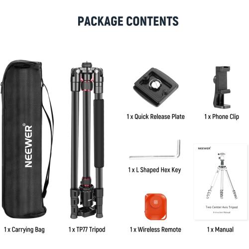 NEEWER 77” Camera Tripod Monopod with Phone Holder, Portable Travel Tripod with Remote, 360° Ball Head, 2 Axis Center Column, Arca QR Plate and Bag, Aluminum DSLR Tripod 34lb Max Load, TP77