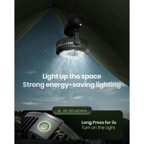 Gaiatop Portable Camping Fan with LED Lantern, Power Display 360° Head Rotation, Hanging Hook for Tent, 3 Speed Quiet Rechargeable, 4000mAh Battery Operated USB Fans for Indoor Outdoor Travel Black