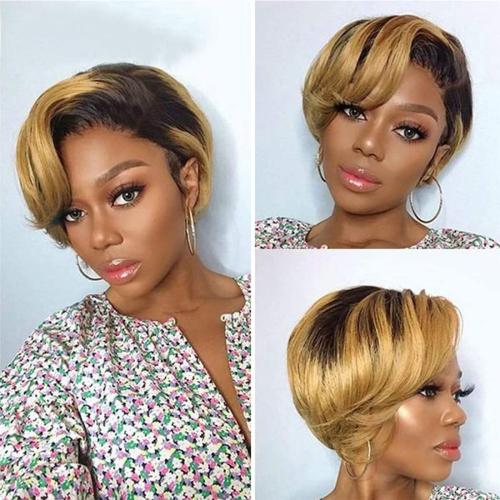REYNA Short Pixie Cut Bob Human Hair Wig Side Part 13x4x1 Lace Wigs Ombre Honey Blonde Bob Wigs Human Hair for Black Women(T1/27#)