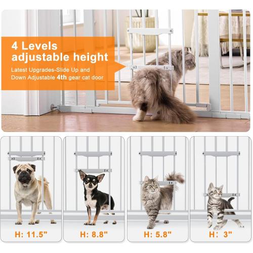 FURTIME 29-41 Baby Gate with Cat Door Adjustable, Auto Close Dog Gate for Stairs,Doorways and House, Metal Pet Door Pressure Mounted,Easy Install, Effortless Walk Thru, White