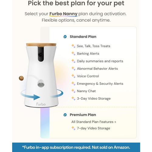 Furbo 360° Dog Camera - Unlock with Paid Plan: Home Security & Dog Safety Alerts, Rotating Pet Treat Dispenser w/ 2-Way Speaker, Smart Indoor Cam w/Phone App (3mo Minimum Subscription Required)