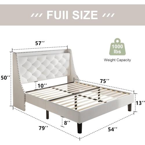 White Feonase Bed Frame with Velvet Luxury Wingback Upholstered Button Tufted Storage Headboard, Full Platform Bed with Charging Station, Sturdy Wooden Slats Support, Easy Assembly, White