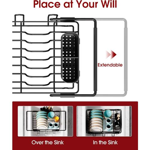 Dish Drying Rack in Sink - Expandable Stainless Steel Dish Rack Over The Sink, Kitchen Sink Drain Strainer with Cutlery Holder & Cup Holders, 15.4 x 9.8 x 3.0 Inch, Black