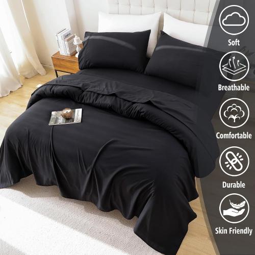 Size Queen Color Black Whitney Home Textile Queen Sheet Set, Soft Microfiber Hotel Bed Sheets Queen Size, Extra Deep Pocket, Luxury Breathable Bedding Sheet & Pillowcase Sets, 4 Piece Wrinkle Free Oeko-Tex, Black
