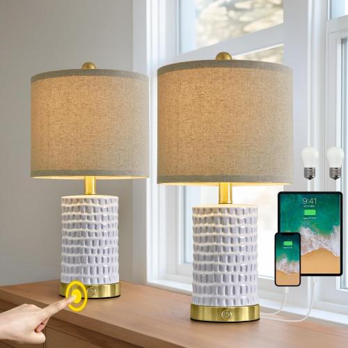 PORTRES 19 Farmhouse 3-Way Dimmable Touch Ceramic Table Lamp Set of 2 White Bedside Lamps for Bedroom Lamps for Living Room Nightstand Lamp End Table lamps with USB A C Charging Ports(Bulbs Included)