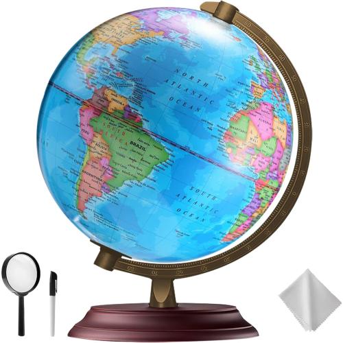 Illuminated World Globe for Kids & Adults All Ages with Wooden Stand 7 in 1- Night View Stars Map Constellation Globe with Detailed Colorful World,Built-in LED Bulb, Educational Gift
