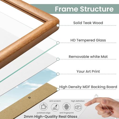 Acovy A3 Picture Frame, Solid Natural Teak Wood Photo Frame with Tempered Glass,A3 Wood Picture Frame with Mat for A4 Photos,Curved Rounded Corner Wooden Frames,Wall or Tabletop Display
