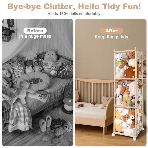 Stuffed Animal Storage, Wood Stuffed Animal Zoo Storage with Brake Wheels, Space Save Toy Organizer, Large Capacity Stuffed Animal Holder, Perfect for Nursery Playroom Kidroom Bedroom-54.3 Inch
